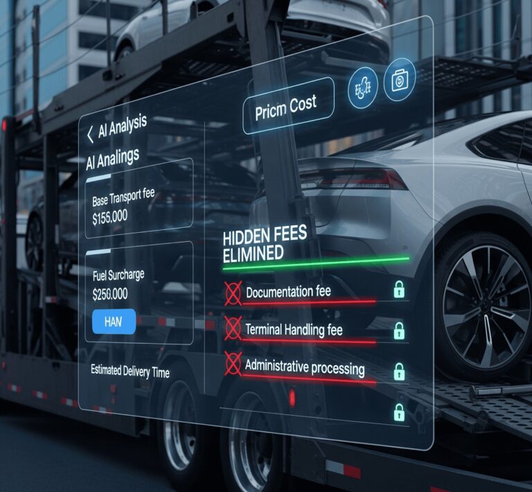 Haulin.ai website image - How AI Eliminates Hidden Fees in Auto Transport The Technology Behind Transparent Pricing 1 768x710