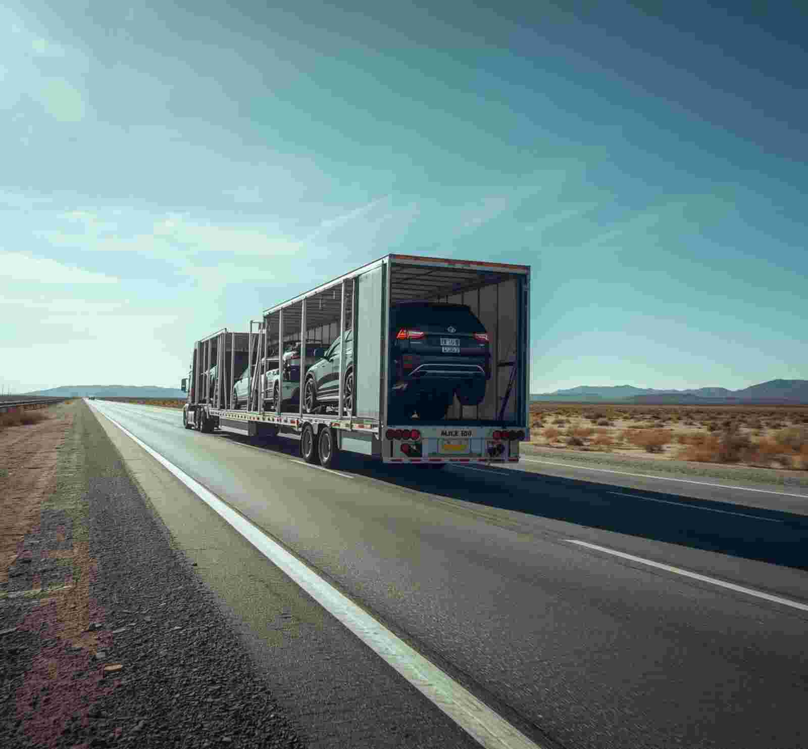 Open trailer car shipping truck carrying multiple vehicles on a U.S. highway