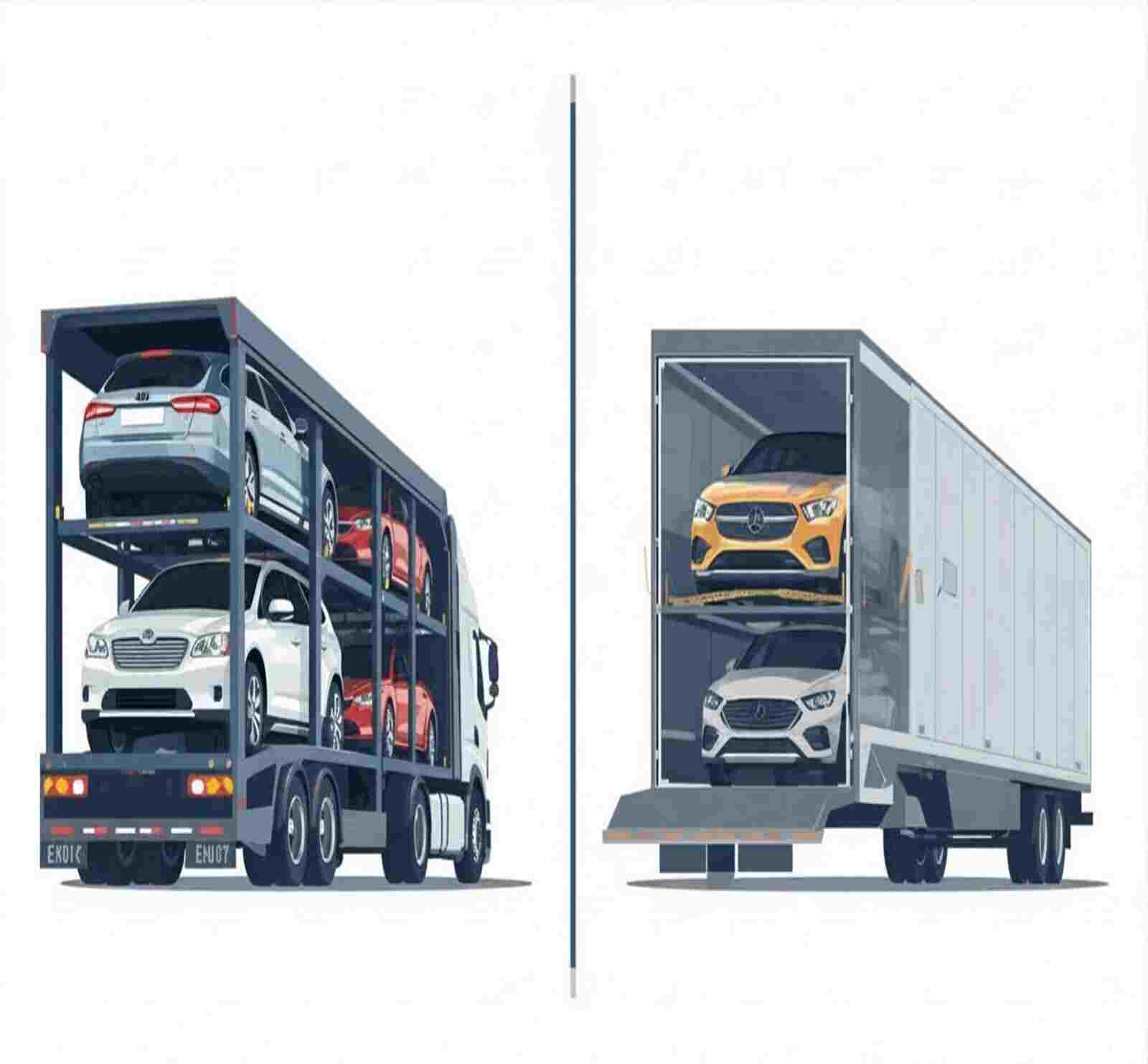 Side-by-side view of open car carrier and enclosed trailer used for vehicle shipping
