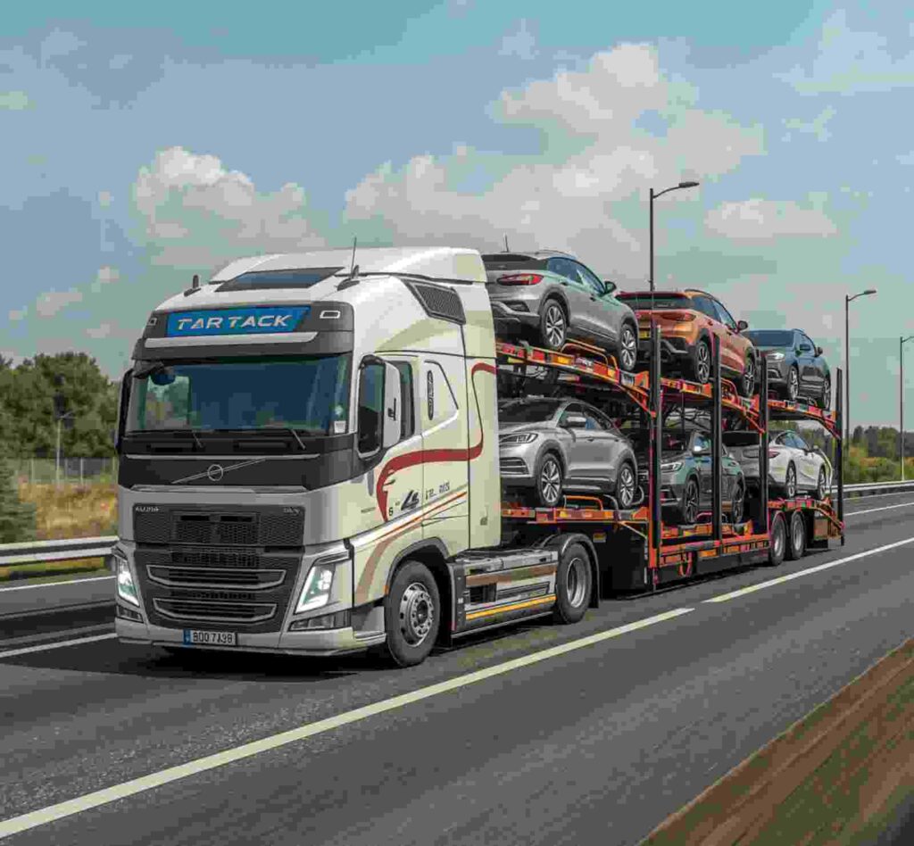 open car trailer carrying multiple vehicles
